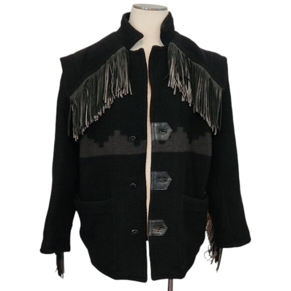 Unique Vintage Robert Comstock Wool & Leather Fringe Western Jacket Size 42 - Picture 1 of 14